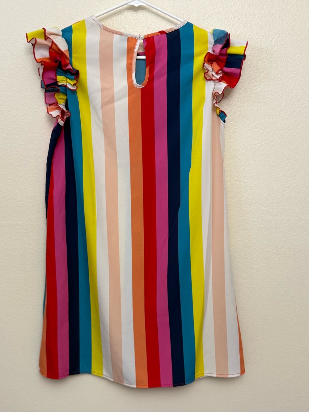 SHEIN Rainbow Striped Ruffle Sleeve Shift Dress Size Small Colorful Mini Dress - Picture 3 of 6